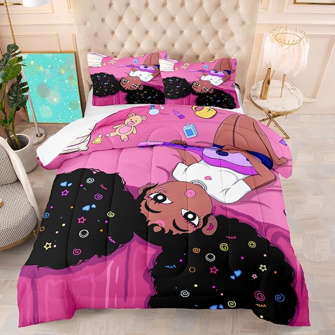 Black African American Girls Full Size Comforter Sets - Black Girl Full Size Bedding Sets for Girls Pink Princess Bedroom Sets Room Decor Full Size Comforter Set, 1 Comforter+2 Pillowcases - LeafyLoom