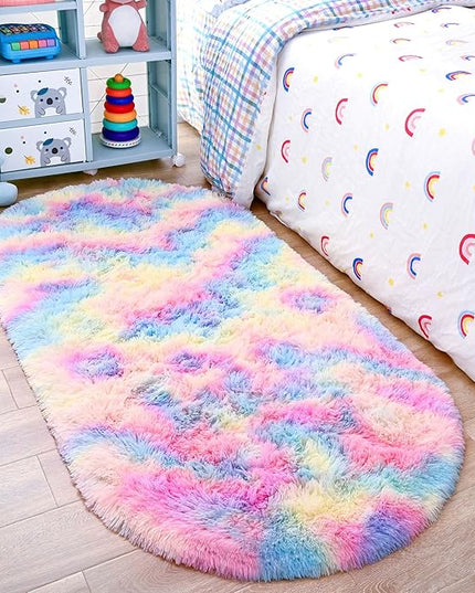 Noahas Oval Fluffy Rainbow Rug 2.6X5.3 Small Kids Rugs for Bedroom Girls And Boys Aesthetic,Bedside Bedroom Rug,Ultra Soft Runner Carpet Modern Shaggy Nursery Area Rugs Home Decor - LeafyLoom