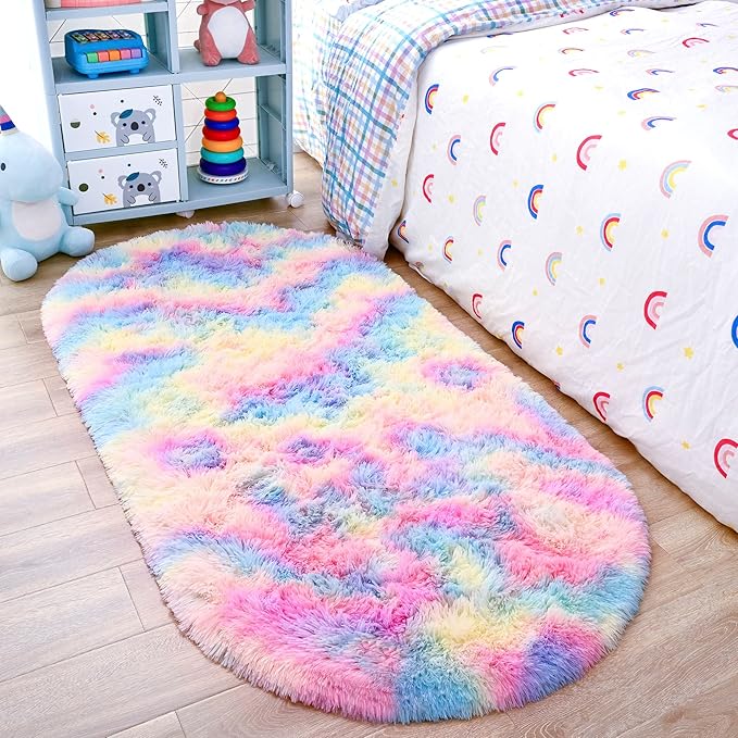 Noahas Oval Fluffy Rainbow Rug 2.6X5.3 Small Kids Rugs for Bedroom Girls And Boys Aesthetic,Bedside Bedroom Rug,Ultra Soft Runner Carpet Modern Shaggy Nursery Area Rugs Home Decor - LeafyLoom
