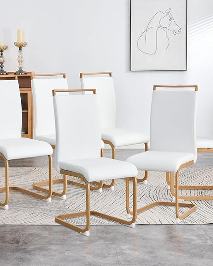 Dining Chairs Set of 6,High Back White Kitchen Chairs,Faux Leather Side Chair with Woodgrain Coloured Metal Legs,Easy to Clean Modern Upholstered Dining Chairs,Ideal for Living Room - LeafyLoom