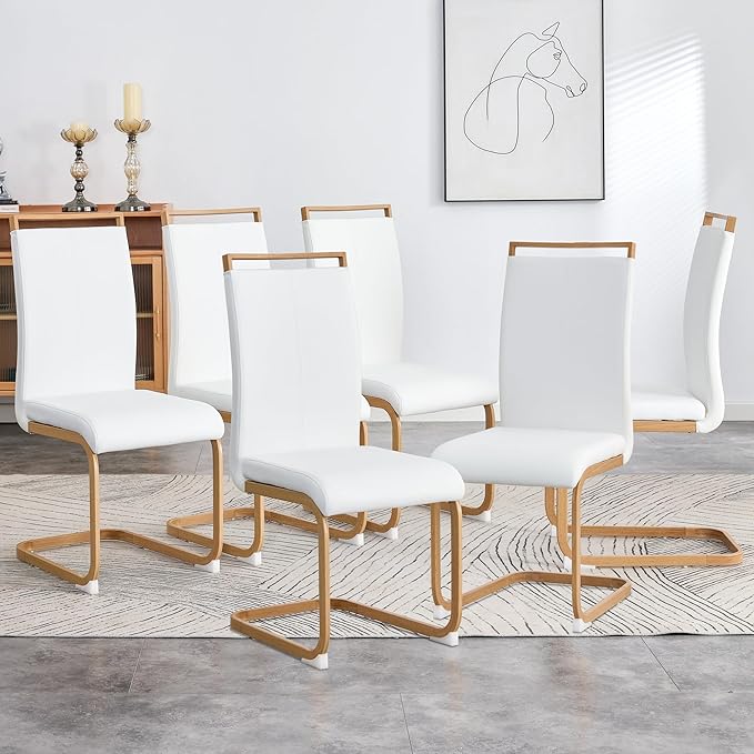 Dining Chairs Set of 6,High Back White Kitchen Chairs,Faux Leather Side Chair with Woodgrain Coloured Metal Legs,Easy to Clean Modern Upholstered Dining Chairs,Ideal for Living Room - LeafyLoom