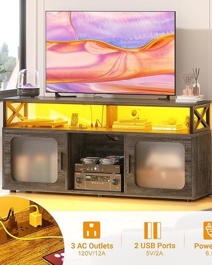 Aheaplus TV Stand for 55 60 Inch TV, Entertainment Center with LED Light & Charging Station, TV Console Table, Large Media Console Cabinet w/Soundbar Shelf, for Living Room, Bedroom, Black Oak - LeafyLoom