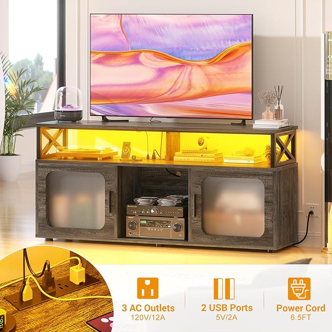 Aheaplus TV Stand for 55 60 Inch TV, Entertainment Center with LED Light & Charging Station, TV Console Table, Large Media Console Cabinet w/Soundbar Shelf, for Living Room, Bedroom, Black Oak - LeafyLoom