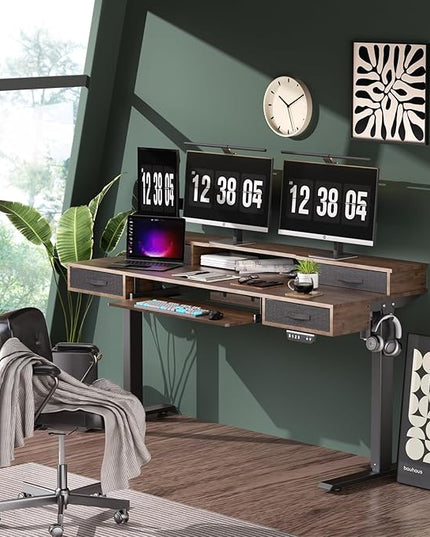Electric Standing Desk, Multifunctional Standing Desk Adjustable Height, 63 * 24 Standing Desk with 4 Drawers, Ergonomic Adjustable Standing Desk with Keyboard Tray, Rustic Brown - LeafyLoom
