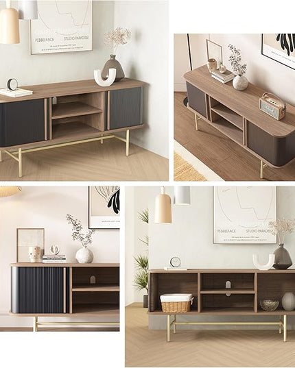 roomfitters Sideboard Buffet Cabinet with Sliding Doors, Mid Century Modern Credenza with 2 Tambour Doors, Minimalist Accent Storage Cabinet for Living Room, Media Console with Storage, Walnut Black - LeafyLoom