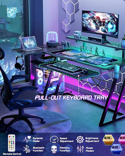 armocity L Shaped Gaming Desk with LED Lights and Outlets, PC Gaming Desk with Monitor Stand and Shelves, Reversible Gaming Computer Desk with Keyboard Tray & Z-Shape Legs, Grey Oak, 47" - LeafyLoom