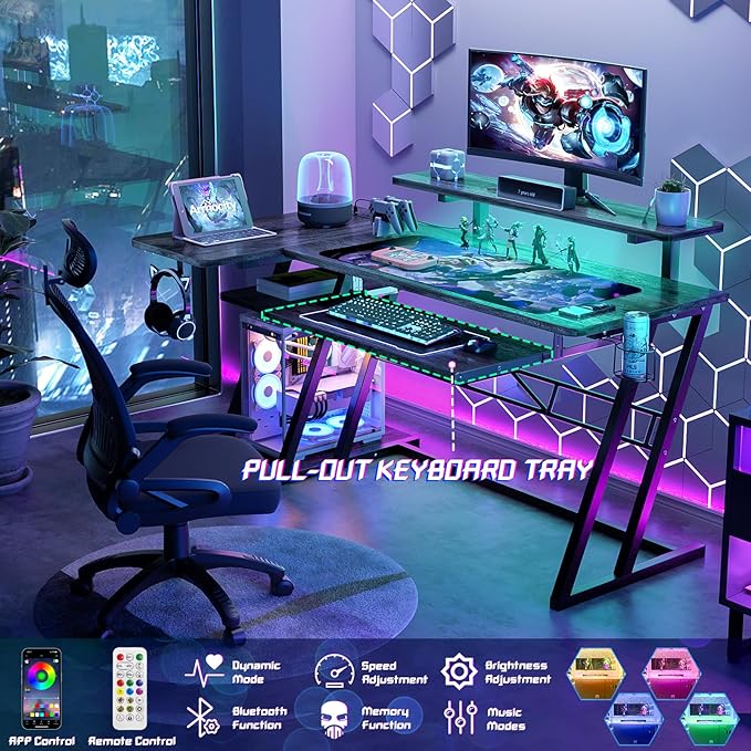 armocity L Shaped Gaming Desk with LED Lights and Outlets, PC Gaming Desk with Monitor Stand and Shelves, Reversible Gaming Computer Desk with Keyboard Tray & Z-Shape Legs, Grey Oak, 47" - LeafyLoom