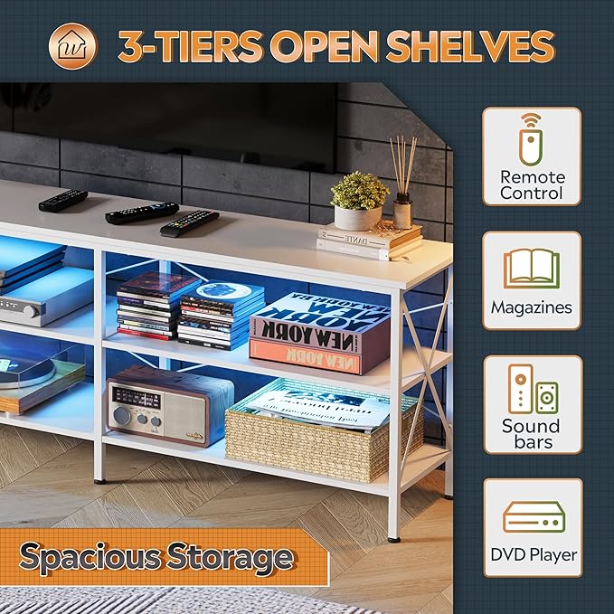 WLIVE TV Stand up to 70 Inch TV, 63" Entertainment Center with LED, TV Media Console with 3-Tier Storage Shelves for Living Room and Bedroom, White - LeafyLoom