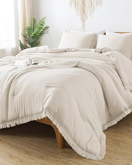 Andency Queen Comforter Set Beige, 3 Pieces Boho Lightweight Fluffy Bedding Comforters & Sets, Soft Tassel All Seasons Bed Set Gift Choice (90x90In Comforter & 2 Pillowcases) - LeafyLoom
