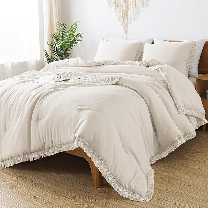 Andency Queen Comforter Set Beige, 3 Pieces Boho Lightweight Fluffy Bedding Comforters & Sets, Soft Tassel All Seasons Bed Set Gift Choice (90x90In Comforter & 2 Pillowcases) - LeafyLoom