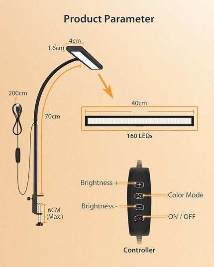 Desk Lamp for Office Home, [3 Color & 10 Brightness] 160 LED Dimmable Reading Lamp with Clamp, Eye-Caring Clip on Desk Light Working for Video Conference Workbench Drafting Crafting Drawing Puzzling - LeafyLoom