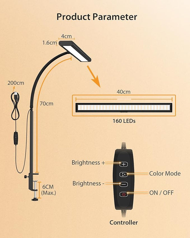 Desk Lamp for Office Home, [3 Color & 10 Brightness] 160 LED Dimmable Reading Lamp with Clamp, Eye-Caring Clip on Desk Light Working for Video Conference Workbench Drafting Crafting Drawing Puzzling - LeafyLoom