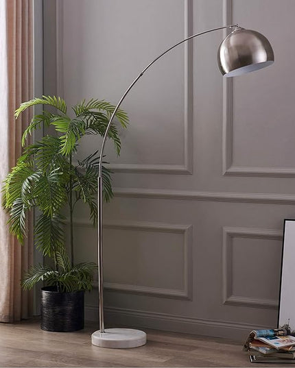 Teamson Home Arquer 68.1" Arc Floor Lamp for Living Rooms, Home Offices, Dining Rooms, Bedrooms with Faux White Marble Base and Nickel Bell Shade - LeafyLoom