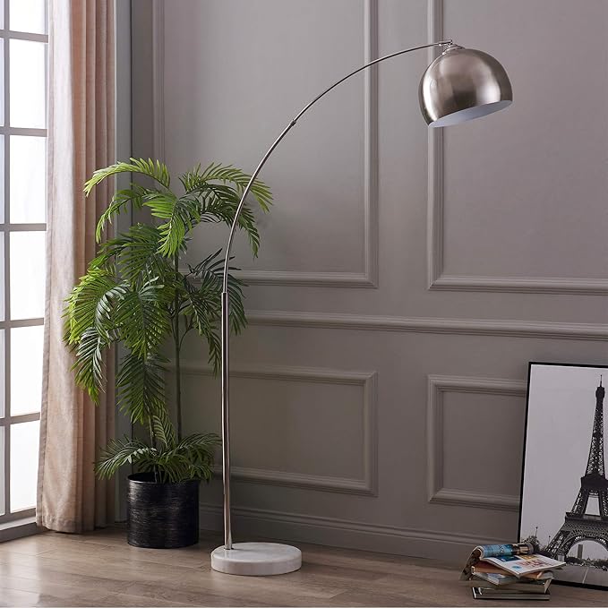 Teamson Home Arquer 68.1" Arc Floor Lamp for Living Rooms, Home Offices, Dining Rooms, Bedrooms with Faux White Marble Base and Nickel Bell Shade - LeafyLoom
