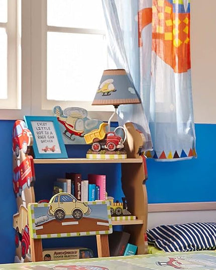 Fantasy Fields Kids Small Table Lamp, Truck Lamp, Car Lamp for Boys Room with Construction Truck Base & Helicopter Printed Shade, Transportation Themed - LeafyLoom