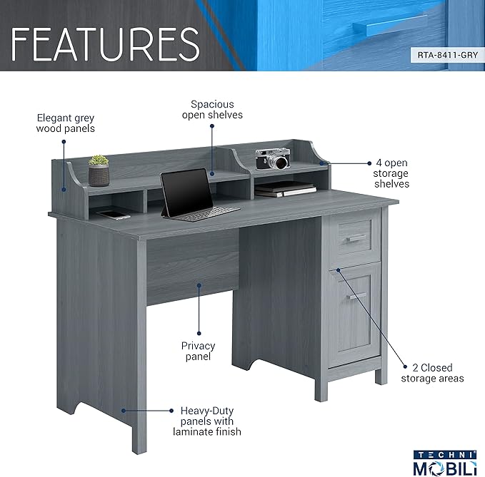 Techni Mobili Classic Office Storage Writing Desk, Grey - LeafyLoom