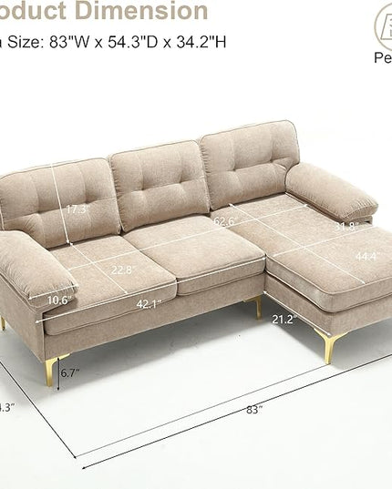 L Shaped Convertible Sleeper Sectional Sofa with Reversible Chaise, 3 Seater Corner Couch Bed with Detachable Pillow Armrest and Golden Metal Legs for Living Room Apartment Small Space - LeafyLoom