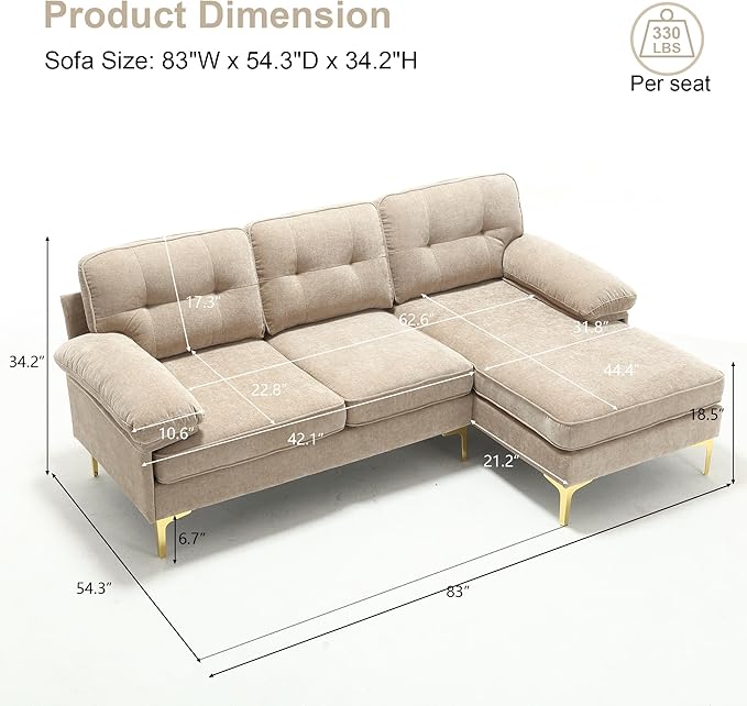 L Shaped Convertible Sleeper Sectional Sofa with Reversible Chaise, 3 Seater Corner Couch Bed with Detachable Pillow Armrest and Golden Metal Legs for Living Room Apartment Small Space - LeafyLoom