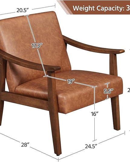 Yaheetech PU Leather Accent Chair, Mid-Century Modern Armchair with Solid Wood Legs, Reading Leisure Chair with High Back for Living Room Bedroom Waiting Room, Brown - LeafyLoom