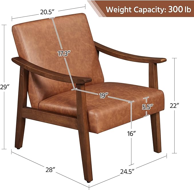 Yaheetech PU Leather Accent Chair, Mid-Century Modern Armchair with Solid Wood Legs, Reading Leisure Chair with High Back for Living Room Bedroom Waiting Room, Brown - LeafyLoom