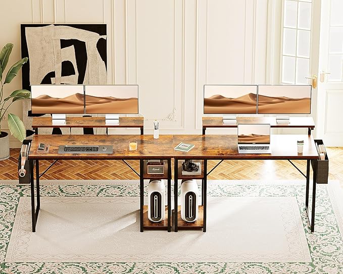 KKL 48 inch Small Computer Desk with Adjustable Monitor Stand, Home Office Desk & Workstation with Storage Shelves, Reversible Work Writing Study Table for Bedroom, Rustic Brown - LeafyLoom