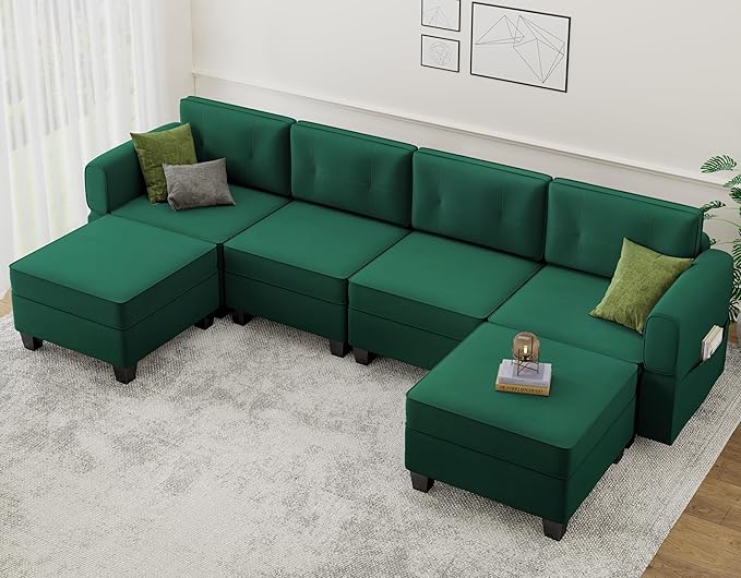 Modular Sectional Sofa, Convertible Sectional Couches for Living Room U Shaped Sectional Sofa Couch with Storage Ottoman, High Supportive 6 Seats Reversible Sectionals 113'' with Chaise, Green - LeafyLoom