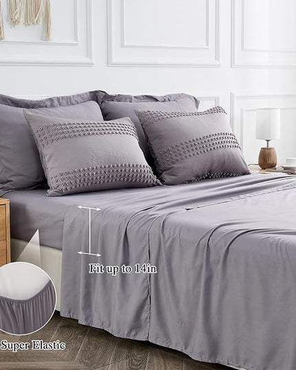 ENJOHOS Queen Comforter Set 7 Piece - Grey Comforters Queen Size, Queen Bed in a Bag Set, Boho Tufted Bedding Comforter Set with Pom Pom Design, Lightweight Soft Microfiber Comforter Bed Set - LeafyLoom