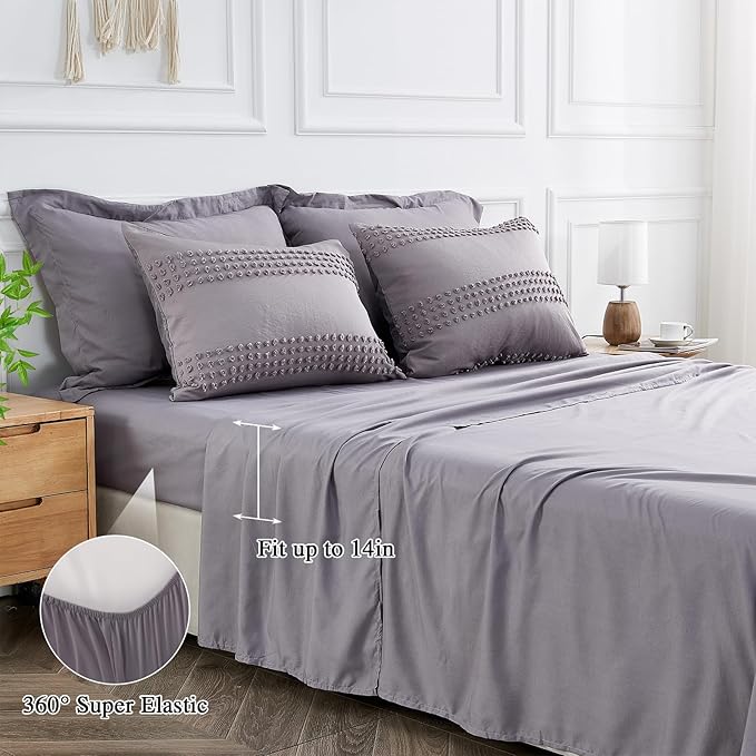 ENJOHOS Queen Comforter Set 7 Piece - Grey Comforters Queen Size, Queen Bed in a Bag Set, Boho Tufted Bedding Comforter Set with Pom Pom Design, Lightweight Soft Microfiber Comforter Bed Set - LeafyLoom