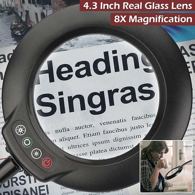 8X Stand Magnifying Glass with Light, Veemagni 24" Flexible Gooseneck 5 Color Modes Stepless Dimmable Magnifying Floor Lamp, 3-in-1 Adjustable Lighted Magnifier Hands Free for Close Work, Esthetican - LeafyLoom