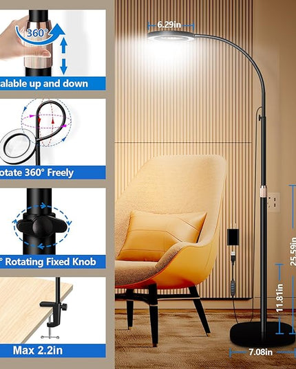 HITTI 10X Magnifying Glass with Light and Clamp, Hands Free Magnifying Floor Lamp with Flexible Gooseneck, 3 Color Stepless Dimmable LED Lighted Magnifier Light Stand for Esthetician Craft Close Works - LeafyLoom