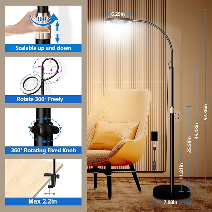 HITTI 10X Magnifying Glass with Light and Clamp, Hands Free Magnifying Floor Lamp with Flexible Gooseneck, 3 Color Stepless Dimmable LED Lighted Magnifier Light Stand for Esthetician Craft Close Works - LeafyLoom