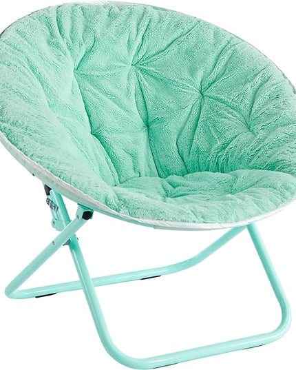 Faux Fur with Holographic Trim Foldable Saucer Chair, Teal - LeafyLoom