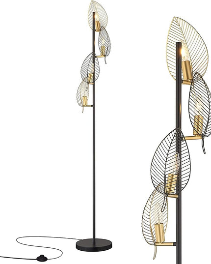 WOXXX Industrial Black Floor Lamp with 4 Brush Gold Finish Leaf Shade, Modern Tree Floor Lamps for Living Room Bedrooms Reading Standing Lamp Living Room Lamps Farmhouse Tall Lamp (4 Bulbs Included) - LeafyLoom