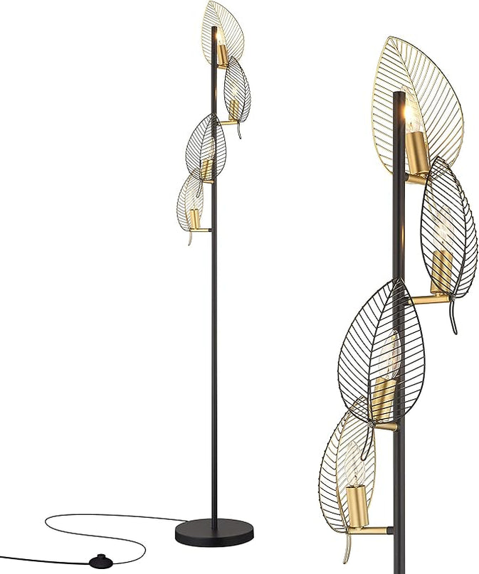 WOXXX Industrial Black Floor Lamp with 4 Brush Gold Finish Leaf Shade, Modern Tree Floor Lamps for Living Room Bedrooms Reading Standing Lamp Living Room Lamps Farmhouse Tall Lamp (4 Bulbs Included) - LeafyLoom