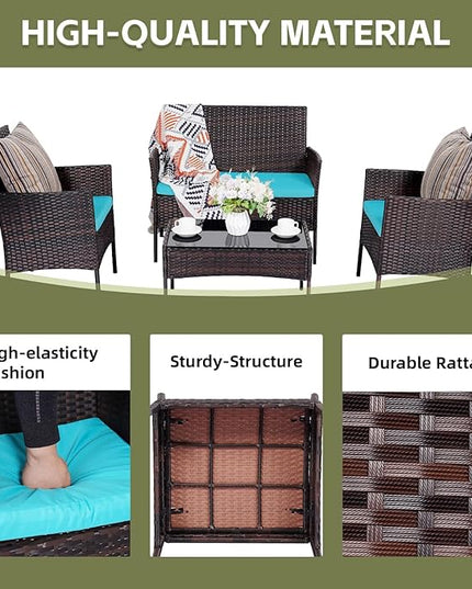 Patio Furniture Set 4 Pieces Conversation Sets Outdoor Wicker Rattan Chairs Garden Backyard Balcony Porch Poolside Loveseat with Soft Cushion and Tempered Glass Table(Brown/Blue) - LeafyLoom