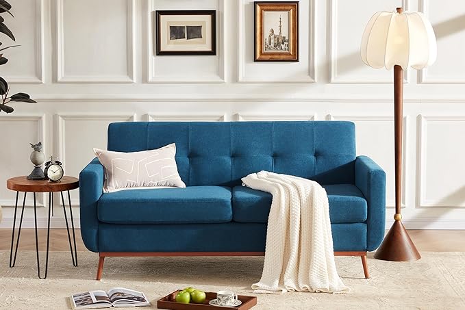 65" Loveseat Sofa, Mid Century Modern Love Seat Couches for Living Room, Comfy Upholstered Sofa Couch for Bedroom, Tufted Design 2 Seater Love Seat Sofa for Small Spaces (Linen-Blue) - LeafyLoom