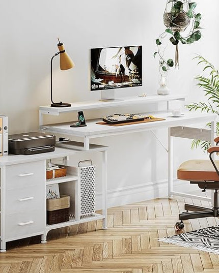 AODK 70 Inch L Shaped Computer Desk with Power Outlets & USB Charging Ports, Reversible L-Shaped Corner Desk with Drawers & Monitor Stand, Home Office Workstation with Storage Cabinet, White - LeafyLoom