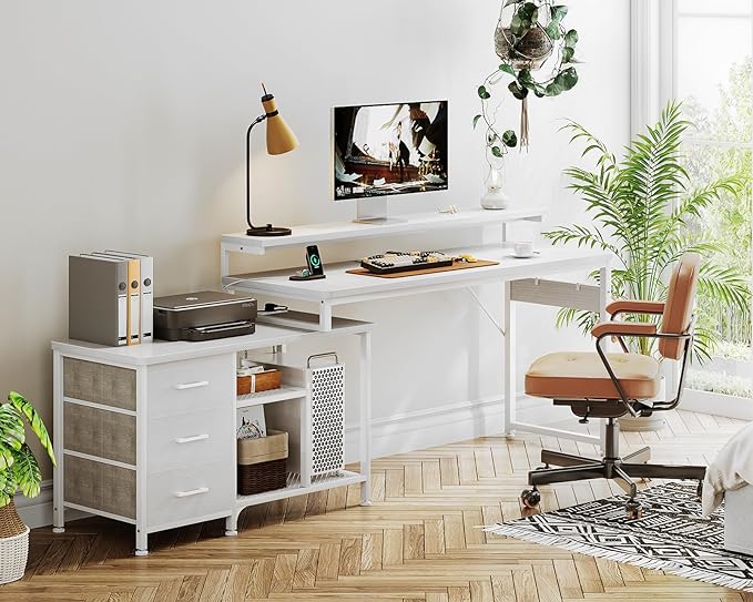 AODK 70 Inch L Shaped Computer Desk with Power Outlets & USB Charging Ports, Reversible L-Shaped Corner Desk with Drawers & Monitor Stand, Home Office Workstation with Storage Cabinet, White - LeafyLoom