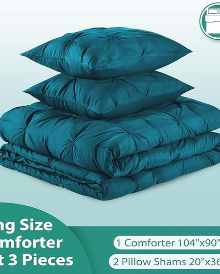 downluxe Pintuck King Size Comforter Set with 2 Pillow Shams - 3-Piece - Crystal Teal King Comforter Set for All Seasons, Pinch Pleat Microfiber Down Alternative Bedding Comforter Sets - LeafyLoom