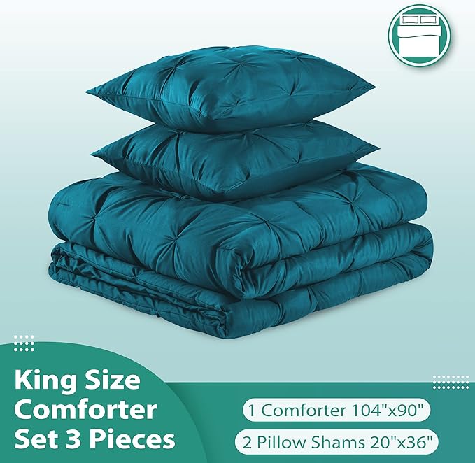 downluxe Pintuck King Size Comforter Set with 2 Pillow Shams - 3-Piece - Crystal Teal King Comforter Set for All Seasons, Pinch Pleat Microfiber Down Alternative Bedding Comforter Sets - LeafyLoom