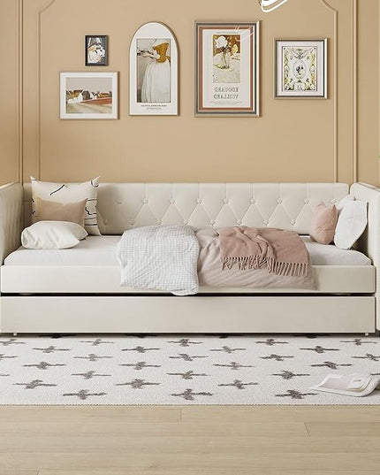 Twin Size Tufted Upholstered Daybed with Trundle, Solid Wood Velvet Bed with Rivet, Box-spring Needed, Space-Saving Design, for Living Room, Bedroom, Dorm, Beige-6 - LeafyLoom