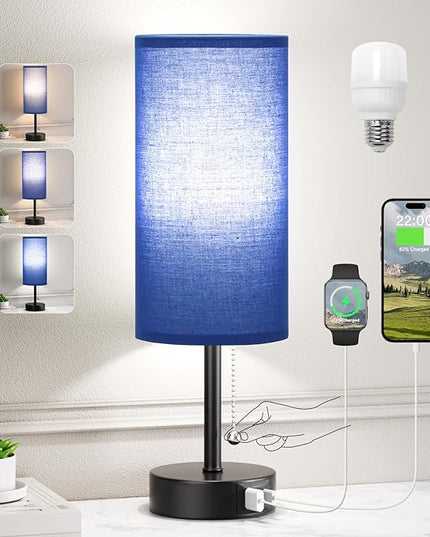 Blue Table Bedside Lamp for Bedroom Nightstand - Small Lamp with USB A + C Charging Port, 3 Color Temperatures Pull Chain Night Stand Light with Bulb, Side Table Desk Reading Lamp for Living Room - LeafyLoom