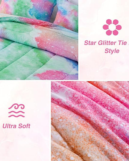 A Nice Night Galaxy Bedding Sets Outer Space Comforter 3D Printed Space Quilt Set Full Size Glitter Pink Green Color,for Children Boy Girl Teen Kids - LeafyLoom