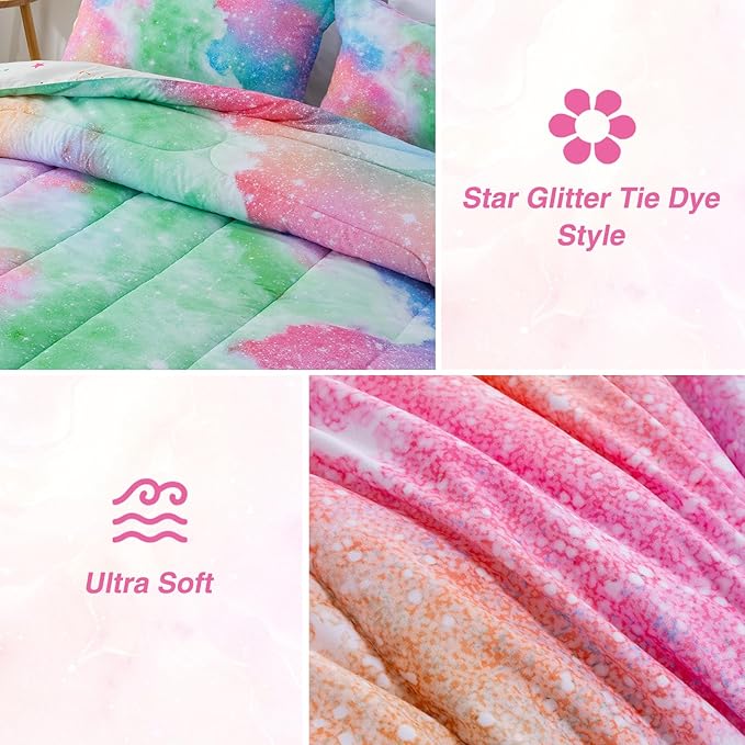 A Nice Night Galaxy Bedding Sets Outer Space Comforter 3D Printed Space Quilt Set Queen Size Glitter Pink Green Color,for Children Boy Girl Teen Kids - LeafyLoom