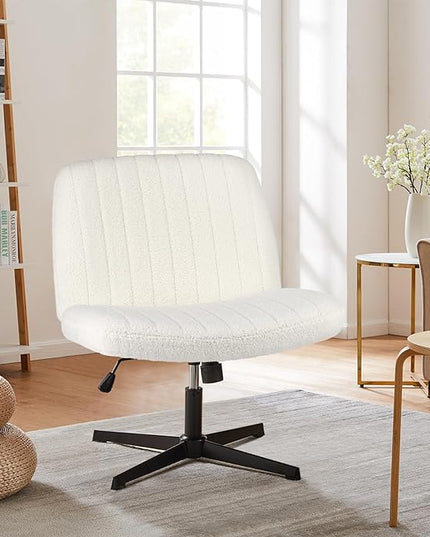 Sweetcrispy Criss Cross Chair Legged, Armless Office Desk Chair No Wheels, Swivel Vanity Chair, Height Adjustable Wide Seat Computer Task Chair, Fabric Vanity Modern Home Chair White - LeafyLoom