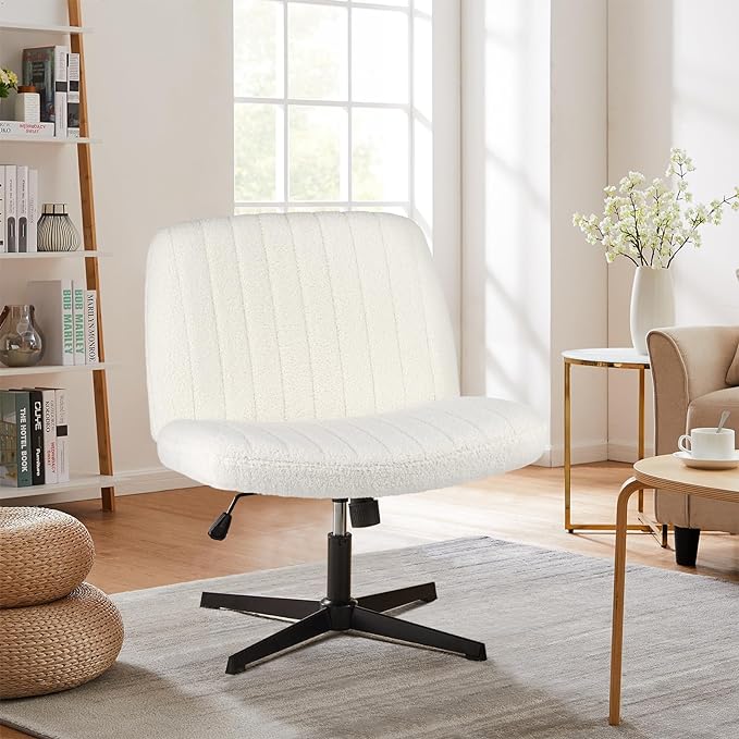 Sweetcrispy Criss Cross Chair Legged, Armless Office Desk Chair No Wheels, Swivel Vanity Chair, Height Adjustable Wide Seat Computer Task Chair, Fabric Vanity Modern Home Chair White - LeafyLoom