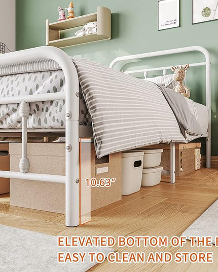 Vintage Twin Size Bed Frame with Headboard and Footboard Mattress Heavy Duty Metal Platform Bed Frame Steel Slat Support (Twin, White) - LeafyLoom