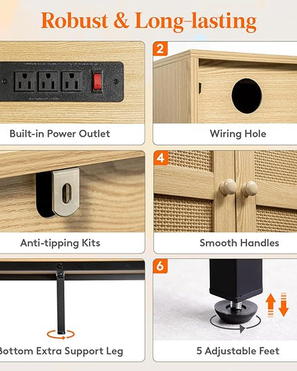 Lifewit Rattan Sideboard Buffet Cabinet, Console Table with Power Outlet, Credenza, Storage Cabinet, Coffee Bar Cabinet for Kitchen, Dining Room, Living Room, Entryway, 4 Doors, Natural - LeafyLoom