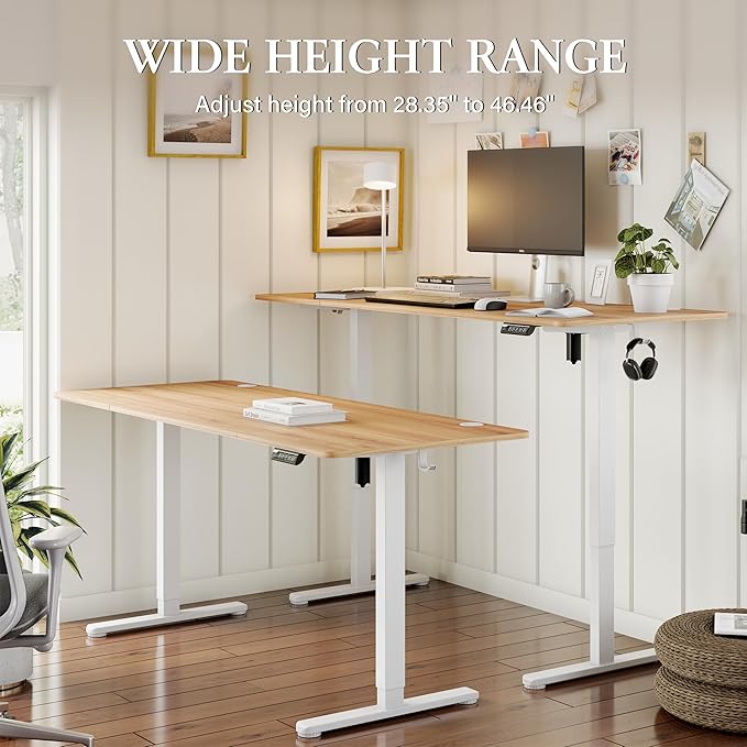 Monomi Electric Standing Desk, 71 x 31.5 inches Height Adjustable Desk, Ergonomic Home Office Sit Stand Up Desk with Memory Preset Controller (Natural Top/White Frame) - LeafyLoom