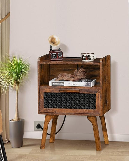 Lerliuo Rattan Nightstand with Charging Station, Side Table with Drawer Open Shelf, Cane Accent Bedside End Table with Solid Wood Legs, Night Stand for Bedroom, Dorm and Small Spaces (Brown) - LeafyLoom